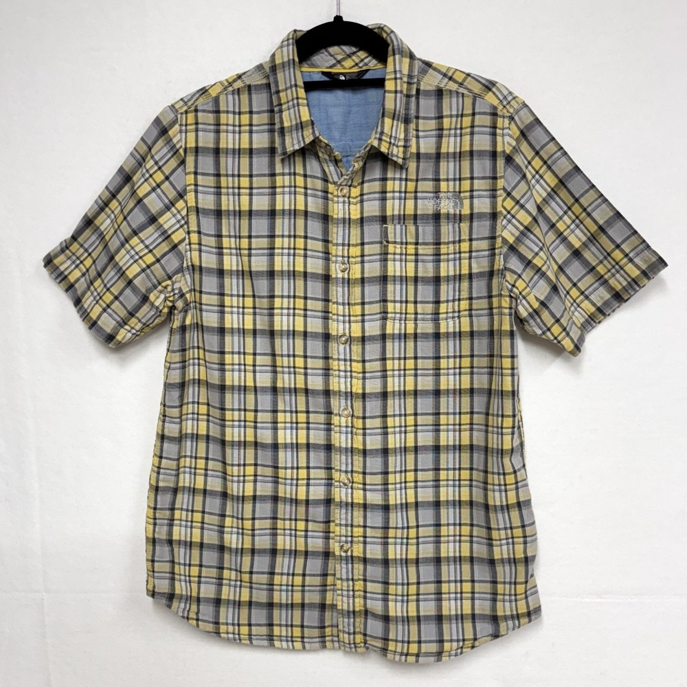 The North Face Men's Sz Medium, Short Sleeve Plaid Shirt Yellow Black Gray Blue